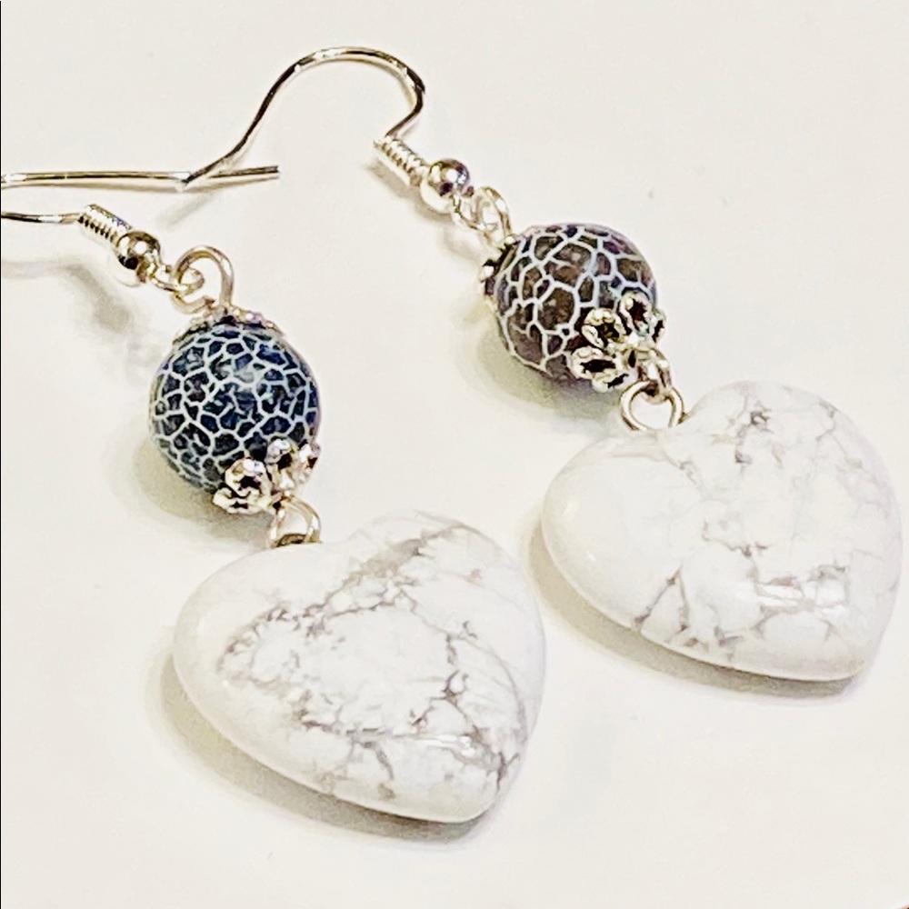 JK Designs White and Blue Heart Earrings